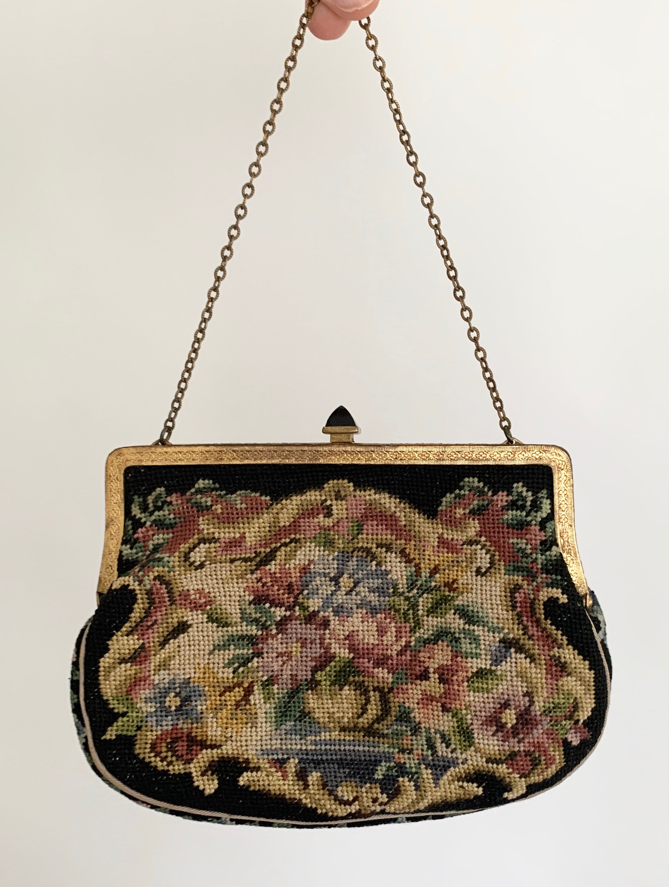 Needlepoint Tapestry Purse Clutch Victorian Black Floral Rose Onyx