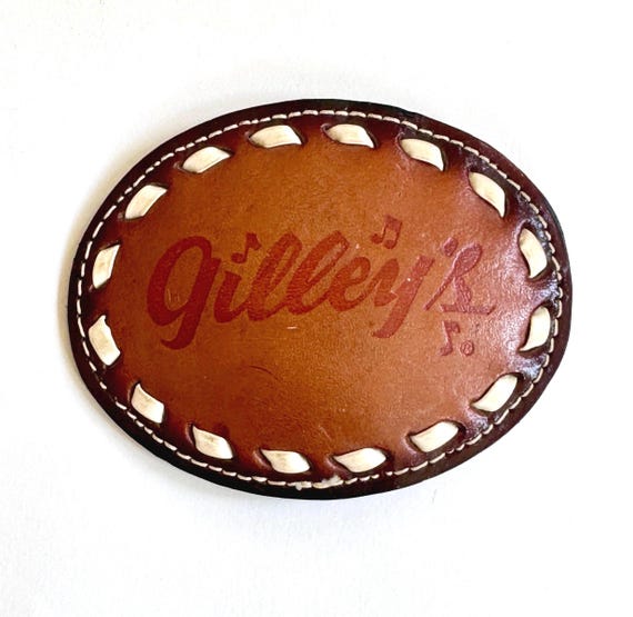 Vintage Gilley's Texas Buckle Oval Gilley's Logo Embossed Tan Brown Leather Belt Buckle Texas Nightclub Memorabilia