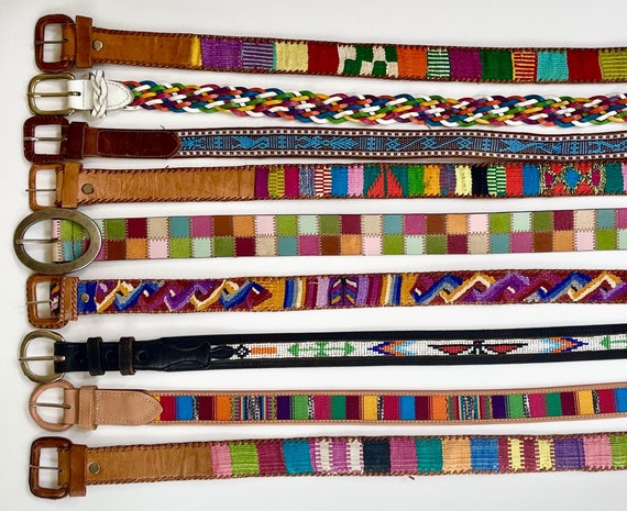 Ethnic Leather Belt Guatemalan Textile Trading Post Thunderbird Beaded Patchwork Leather Vintage 80s 90s Colorful Woven Hippie Folk Boho