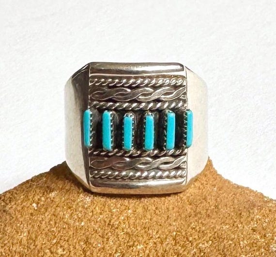 Vintage Zuni Turquoise Ring Native American Sterling Silver Needlepoint Turquoise Stones Signed F. HATTIE Size 7