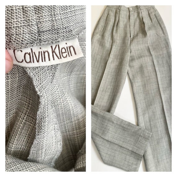 Calvin Klein Trousers Pants 70s 80s Vintage Lightweight Pale Gray Beige Woven Easy High Waist Pants XXS XS