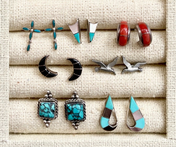 Native American Stud Earrings Vintage Navajo Zuni Hand Crafted Sterling Silver Studs Turquoise Mother of Pearl Cross Hoops Teardrop Moon