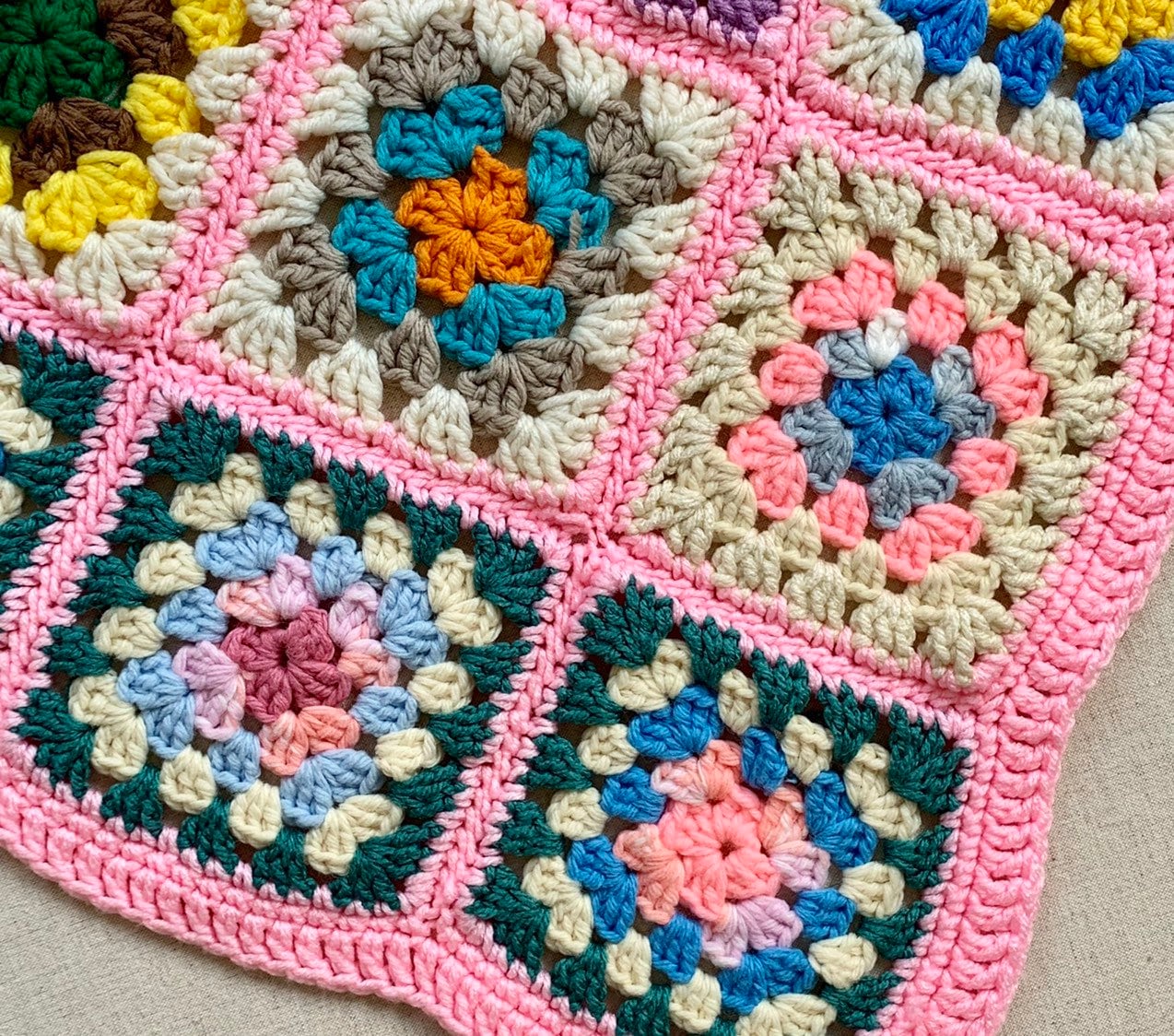 Pink White Crochet Blanket Granny Square Small Throw Afghan Vintage