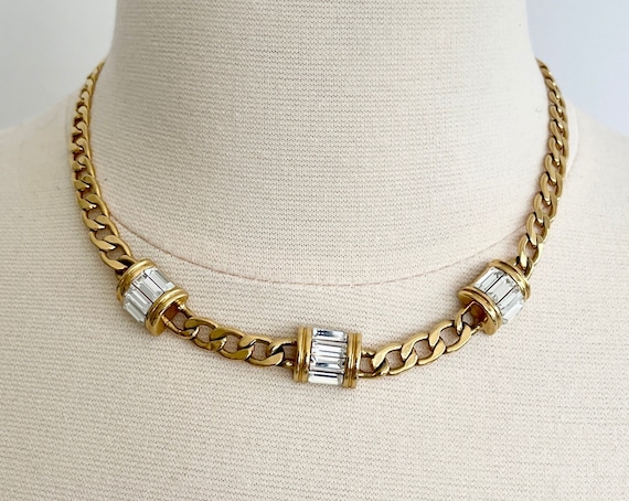Monet Gold Chain Necklace Vintage 80s 90s Chunky Gold Tone Metal Link Clear Glass Crystal Costume Jewerly