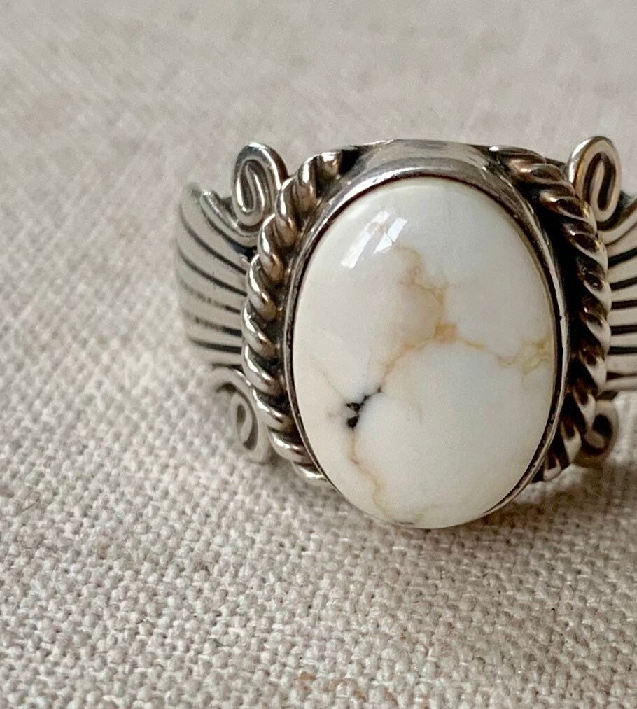 •WHITE BUFFALO TURQUOISE• Navajo silver ring (size 8.25) main image 0