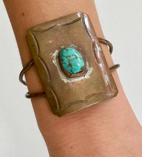 Old Navajo Turquoise Bracelet Cuff Vintage Native American Wide Hand Stamped Copper Band