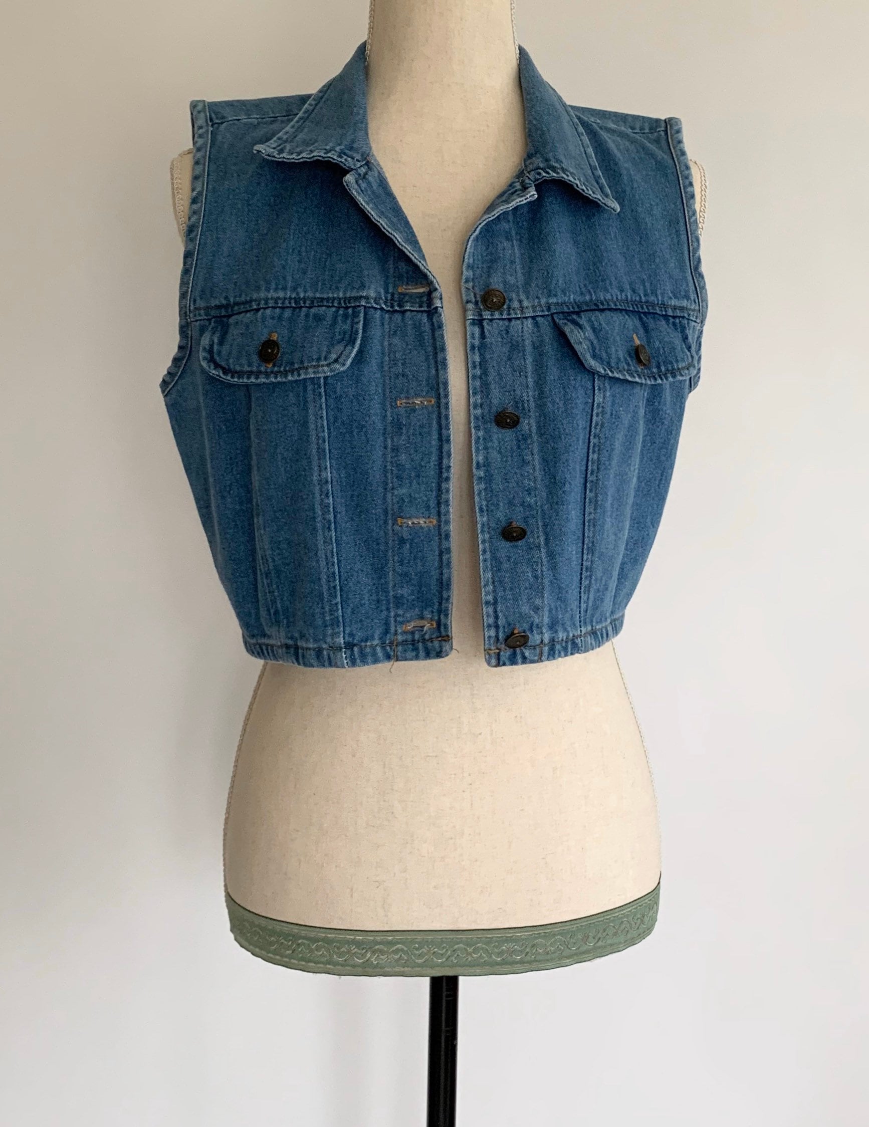Cropped Denim Jean Vest Sleeveless Jacket Vintage 90s Medium Wash Made in USA XS