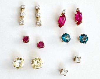 Vintage 14K Gold Gemstone Stud Earrings: Diamond, Ruby, Topaz
