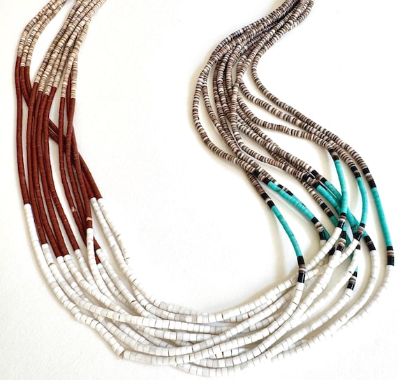 Native American Turquoise Heishi Necklace 10 Strand Multi Strand Beaded Olive Clam Beads Sterling Silver Cone Clasp Southwest Western