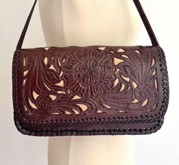 Alcala Floral Tooled Leather Shoulder Bag Handmade in Mexico