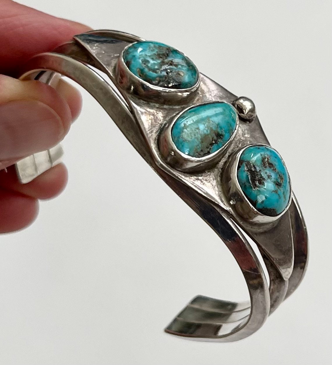 Solidly Crafted Turquoise Bracelet Cuff Hefty Solid Sterling Silver ...