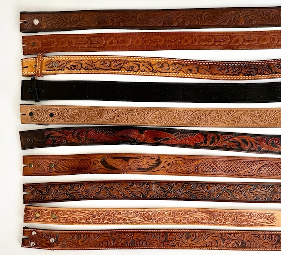 Vintage Leather Belt Strap 38 40 Genuine Leather Snap On Detachable Brown Black Floral Tooled Distressed Rugged Western