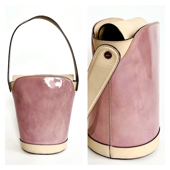 Ferragamo Patent Bucket Bag Salvatore Ferragamo Designer Leather Bag Two Tone Pastel Lavender Purple Patent Nude Purse Made in Italy