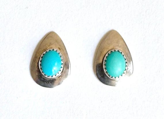Navajo Turquoise Stud Earrings Sterling Silver Teardrop Vintage Southwest Native American Studs