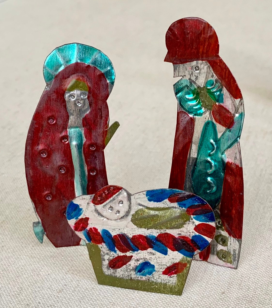 Tin Nativity Set Folk Art Vintage Handmade Hand Painted in Matching Box Whimsical Holiday Decor