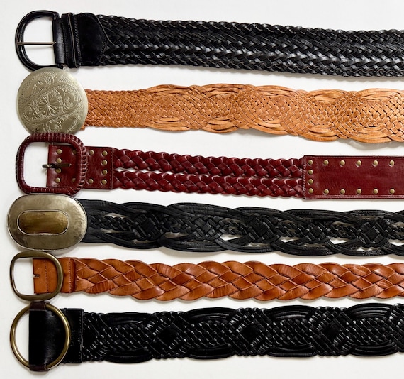 Wide Woven Leather Belt Braided Waist Belt Vintage 60s 70s 80s Ethnic Boho Morocco Solid Black Brown Tan Round Disc Circle Medallion Buckle