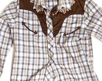Vintage besticktes Western Hemd 70er Jahre Cowgirl Karo Snap Shirt Blumenstickerei