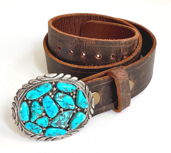Sterling Turquoise Cluster Buckle Cecil Ashley CA Signed Southwest Native American Navajo Vintage Sterling Silver Belt Buckle Large Oval