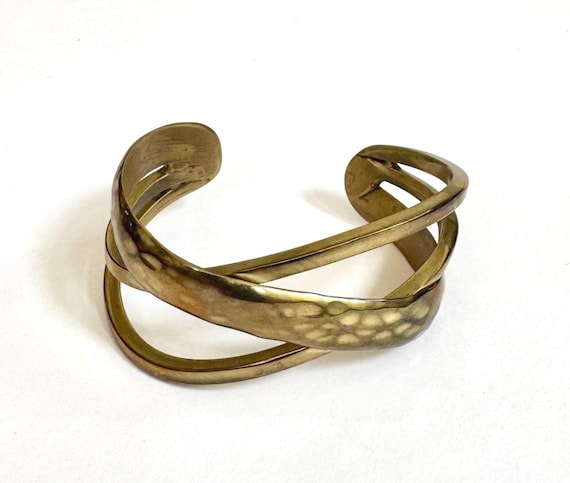 Minimalist Solid Brass Cuff Bracelet Vintage Handmade Simple Open Work Modernist Hammered Open Shank Style