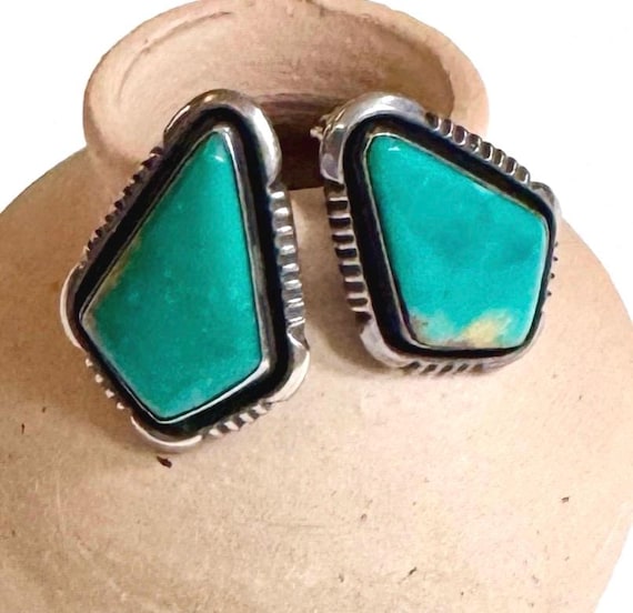 Fine Navajo Turquoise Earrings Signed Will Denetdale Vintage Native American Handcrafted Sterling Silver Stud Earrings