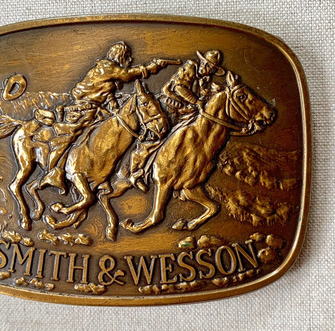 1981 Smith Wesson Buckle Vintage Belt Buckles The Horse Thief Cowboys Horses Western Brass Bronze