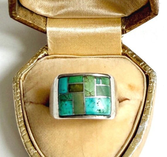 Vintage Zuni Turquoise Ring Band Native American Mosaic Flush Inlay Size 7.25