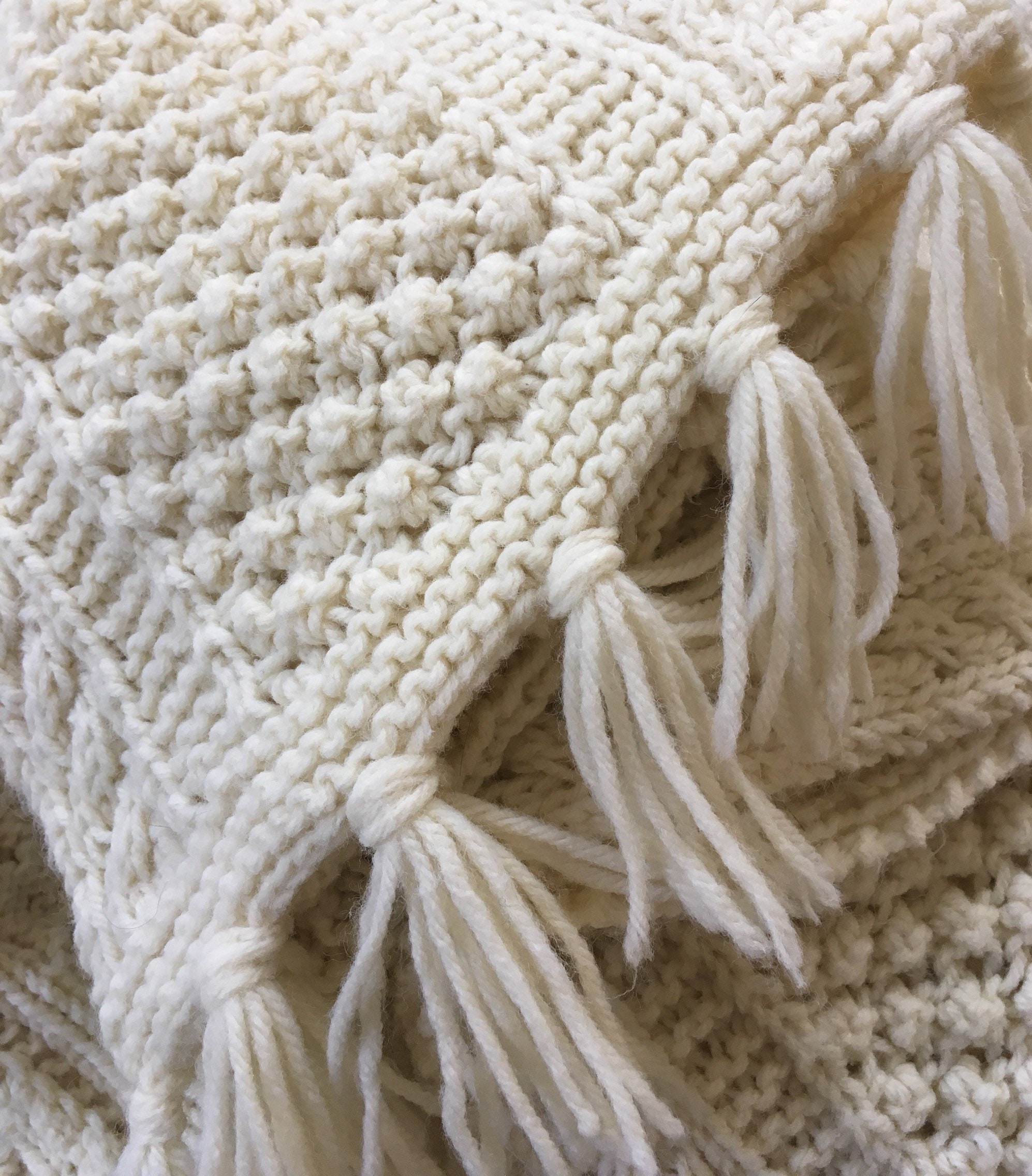 Hand Knit Sweater Blanket Throw Afghan Vintage Handmade Natural White