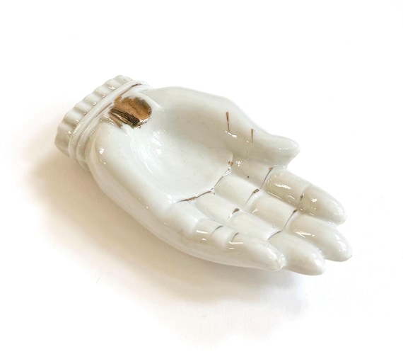 Vintage White Ceramic Cupped Hand Dish Mid Century Made in Japan