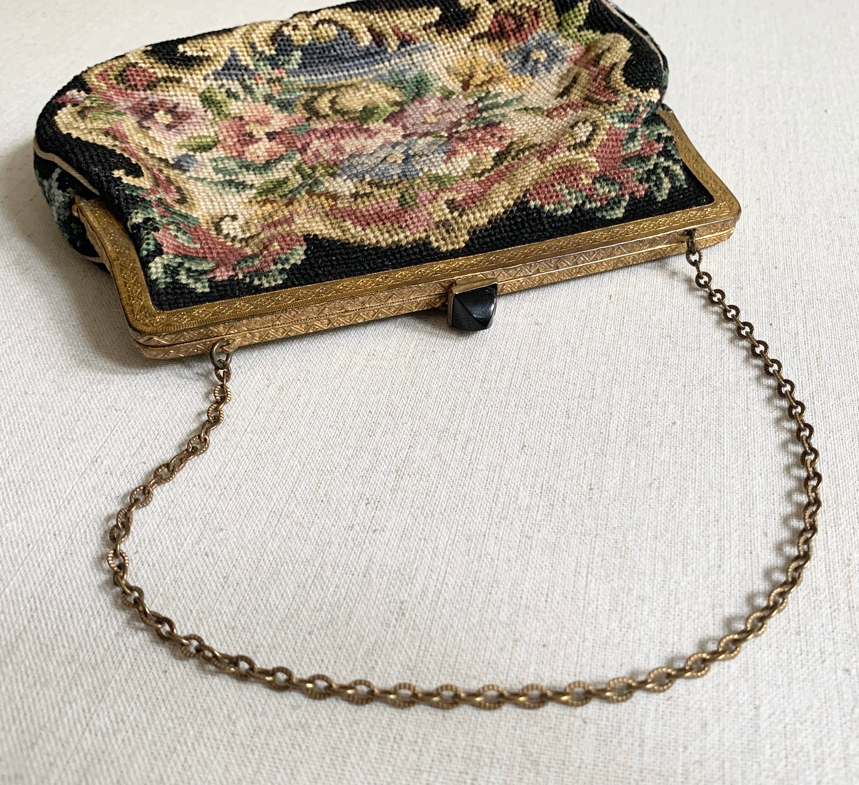 Needlepoint Tapestry Purse Clutch Victorian Black Floral Rose Onyx