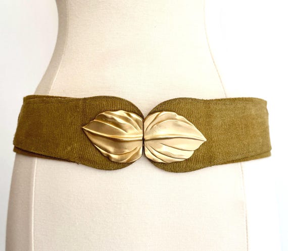 Vintage Gold Leaf Belt 80s 90s Minimalist Wide Waist Belt Elasticated Mustard Olive Khaki Strap Decorative Buckle Made in USA by Axcess