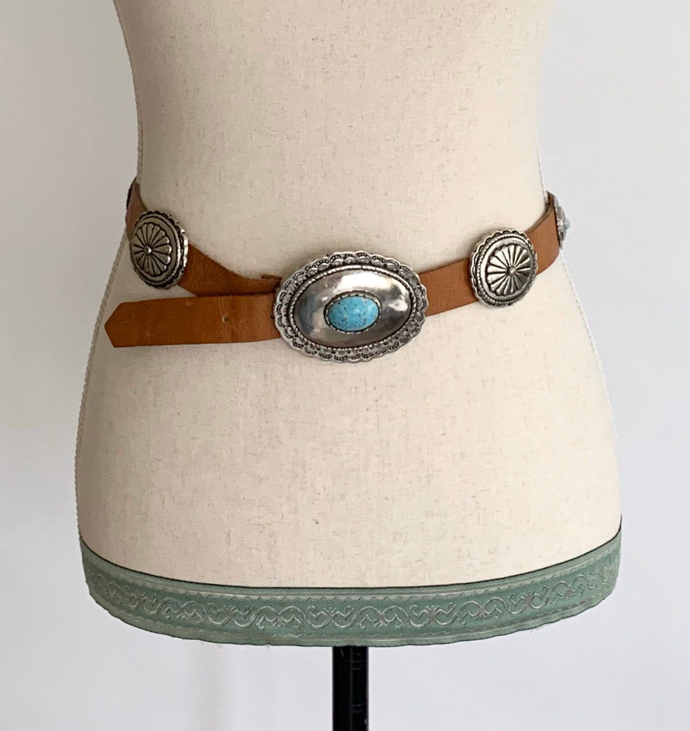 Western Leather Concho Belt Vintage Distressed Brown Leather Faux