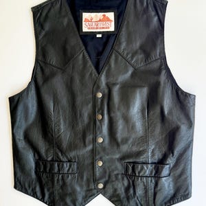 Western Black Leather Vest Vintage Saguaro West Cowboy Rodeo Vest Snap Front