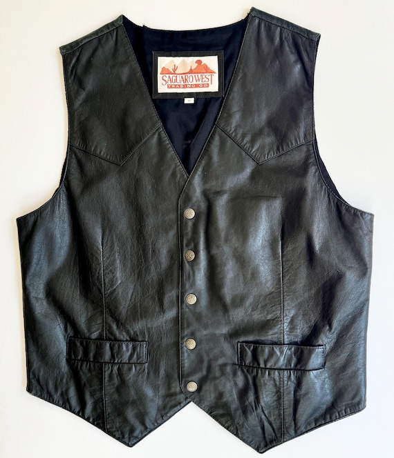 Western Black Leather Vest Vintage Saguaro West Cowboy Rodeo Vest Snap Front