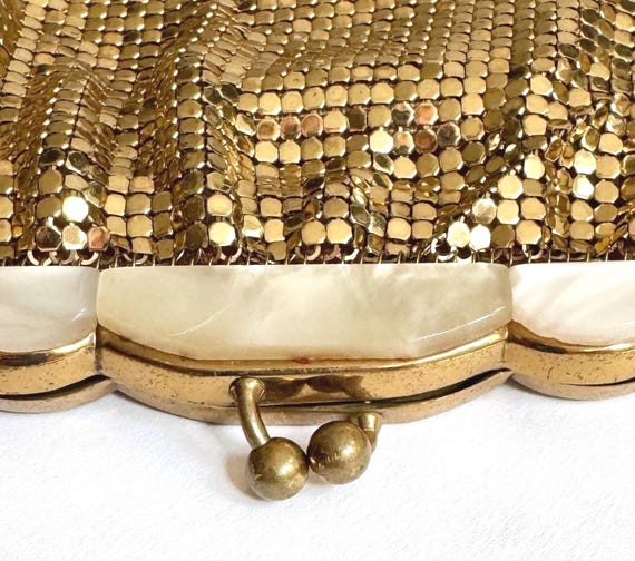 Gold Metal Mesh Bag Purse Vintage 50s Whiting and Davis Metallic Gold Chain Mail Purse Wristlet Chain Strap Made in USA Evening Bag Handbag