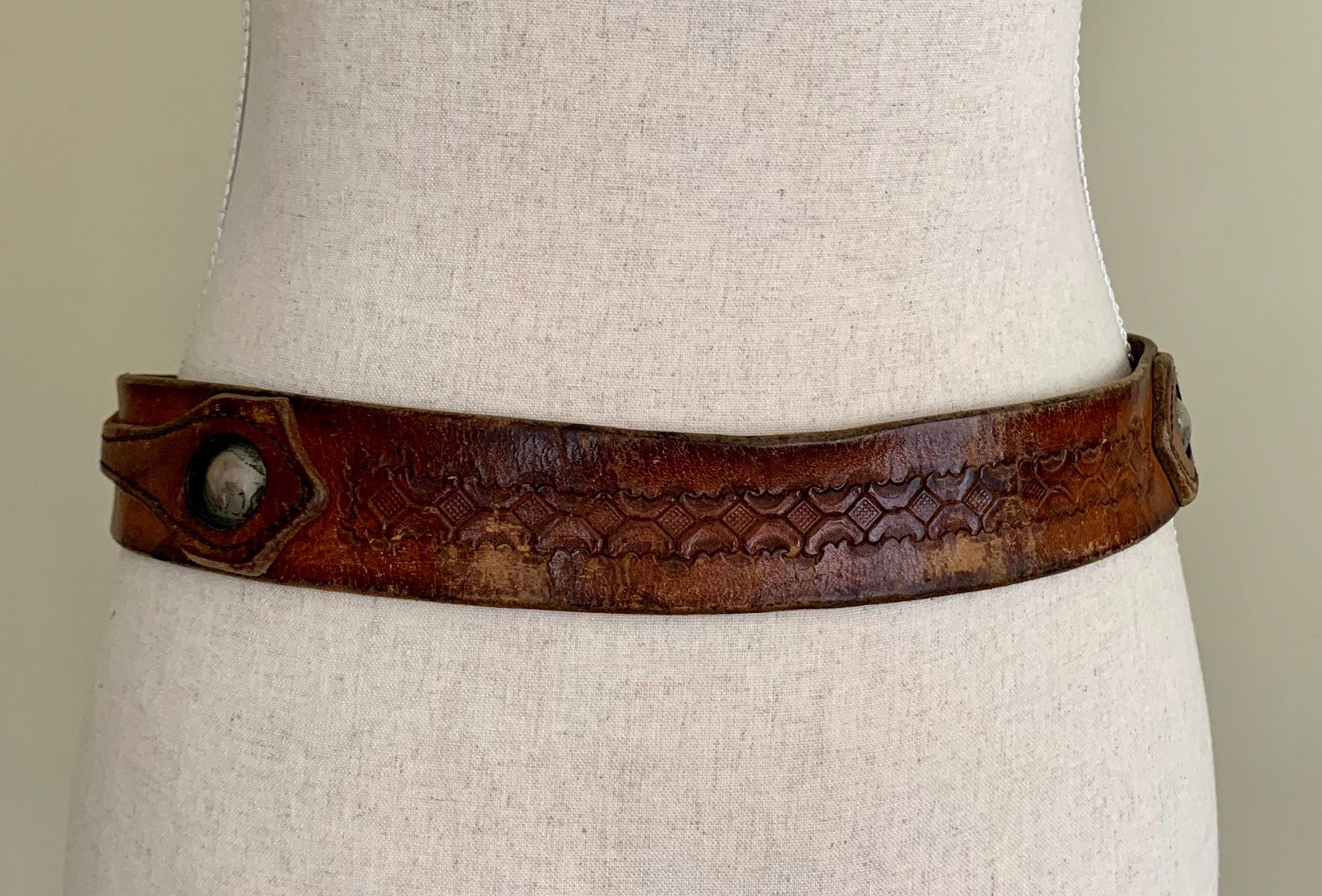 Buffalo Nickel Leather Belt Distressed Vintage Tooled Leather Strap