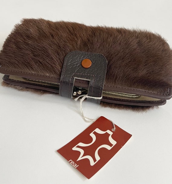 Vintage Fur Wallet Clutch Purse Wristlet Vintage 60s 70s New Zealand Leather Brown Goat Fur NWOT NOS Original Tags