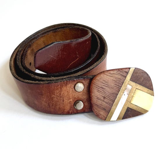 Brass Wood Inlay Buckle Belt 60s 70s Vintage Worn Rugged Distressed Brown Leather Strap Western Rocker