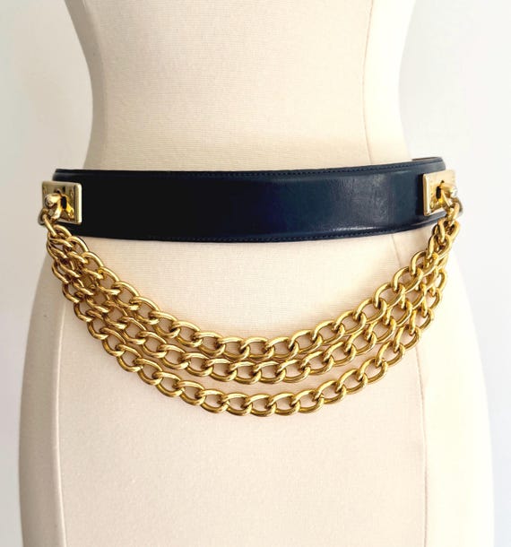 80s Gold Chain Belt Vintage Navy Blue Waist Belt Chunky Multi Chain Liz Claiborne