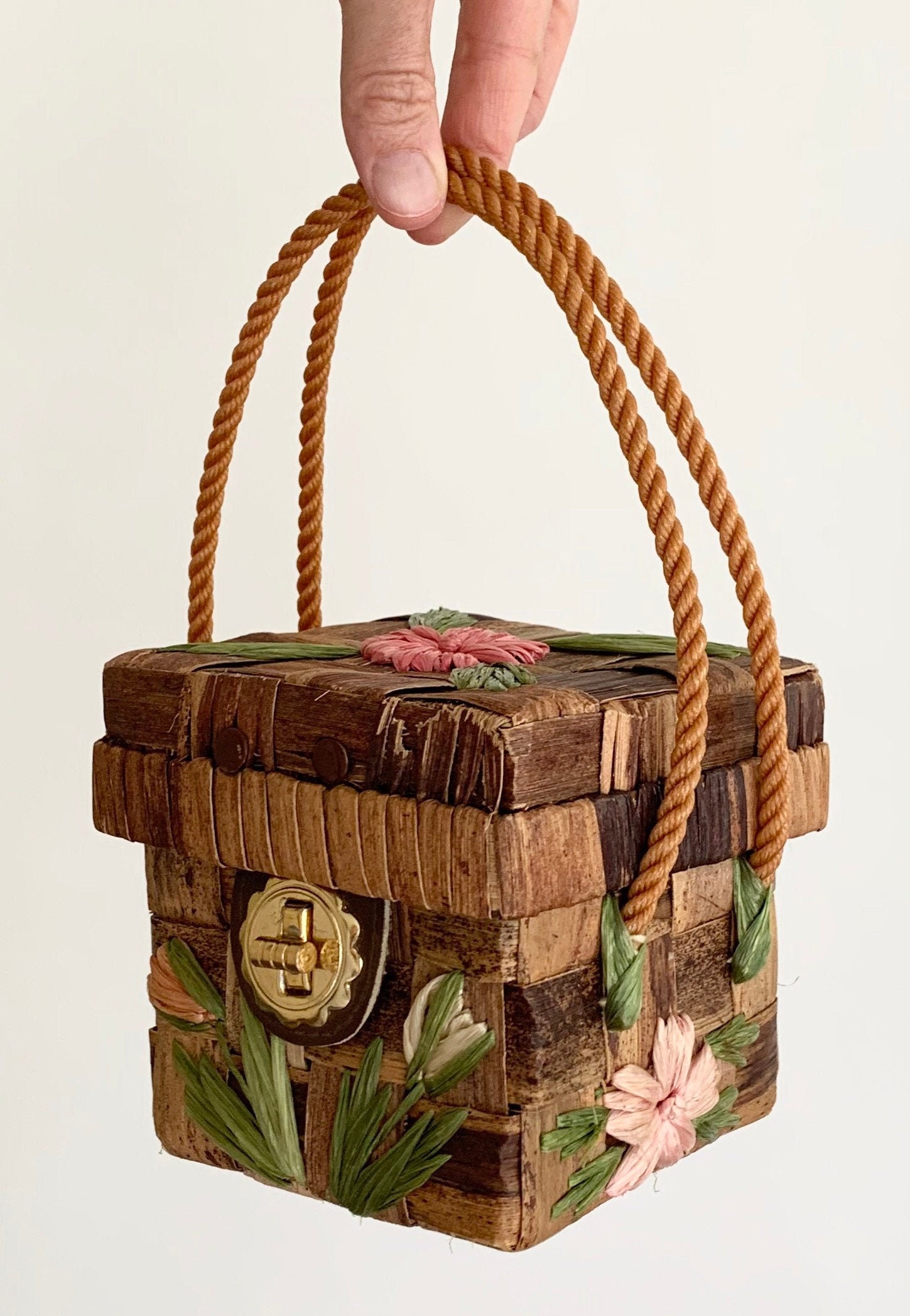 Small Cube Straw Purse Bag Vintage 70s Made in Philippines Woven