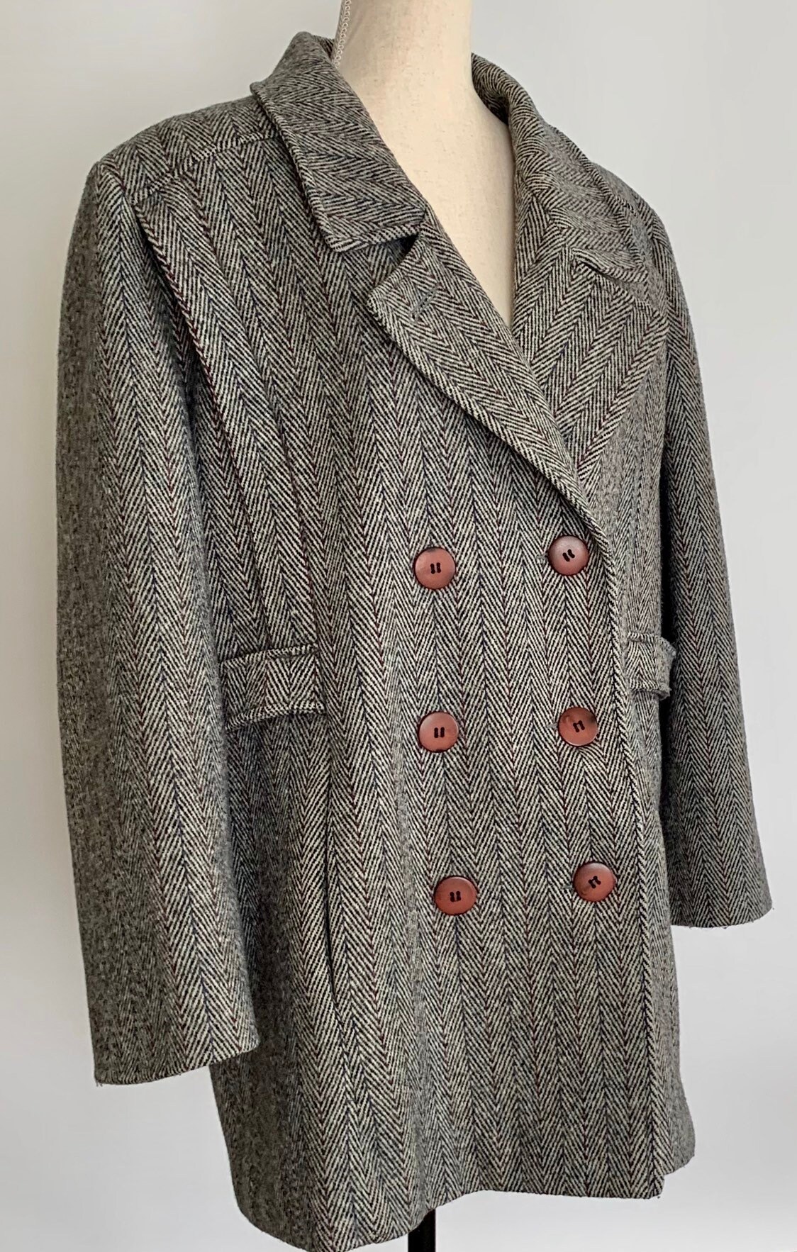 Oversized Herringbone Tweed Coat Jacket Vintage 80s Herman Kay Grey ...