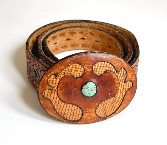Vintage Western Turquoise Belt Brown Floral Tooled Leather Strap