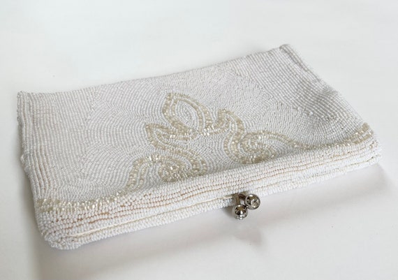 Belgium Glass Beaded Purse Clutch Ivory White Glass Beads Classic Bridal Wedding Bag Diamante Kiss Lock Something Old