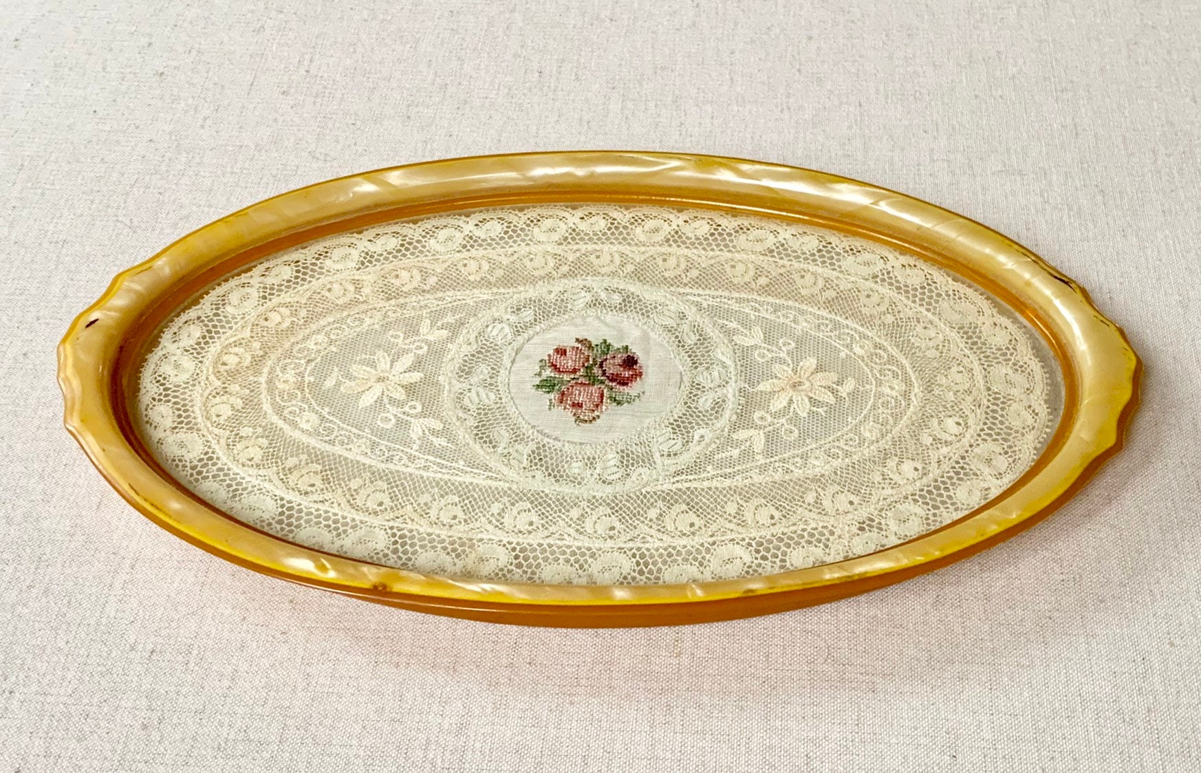 Victorian Lace Vanity Tray Vintage Lace Pearlized Bakelite Trim Jewelry