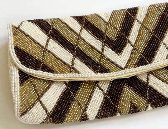 Chevron Beaded Clutch Purse Vintage 70s Made in Japan Floral Design Satin Lining Brown Gold Pearl Chevron Design