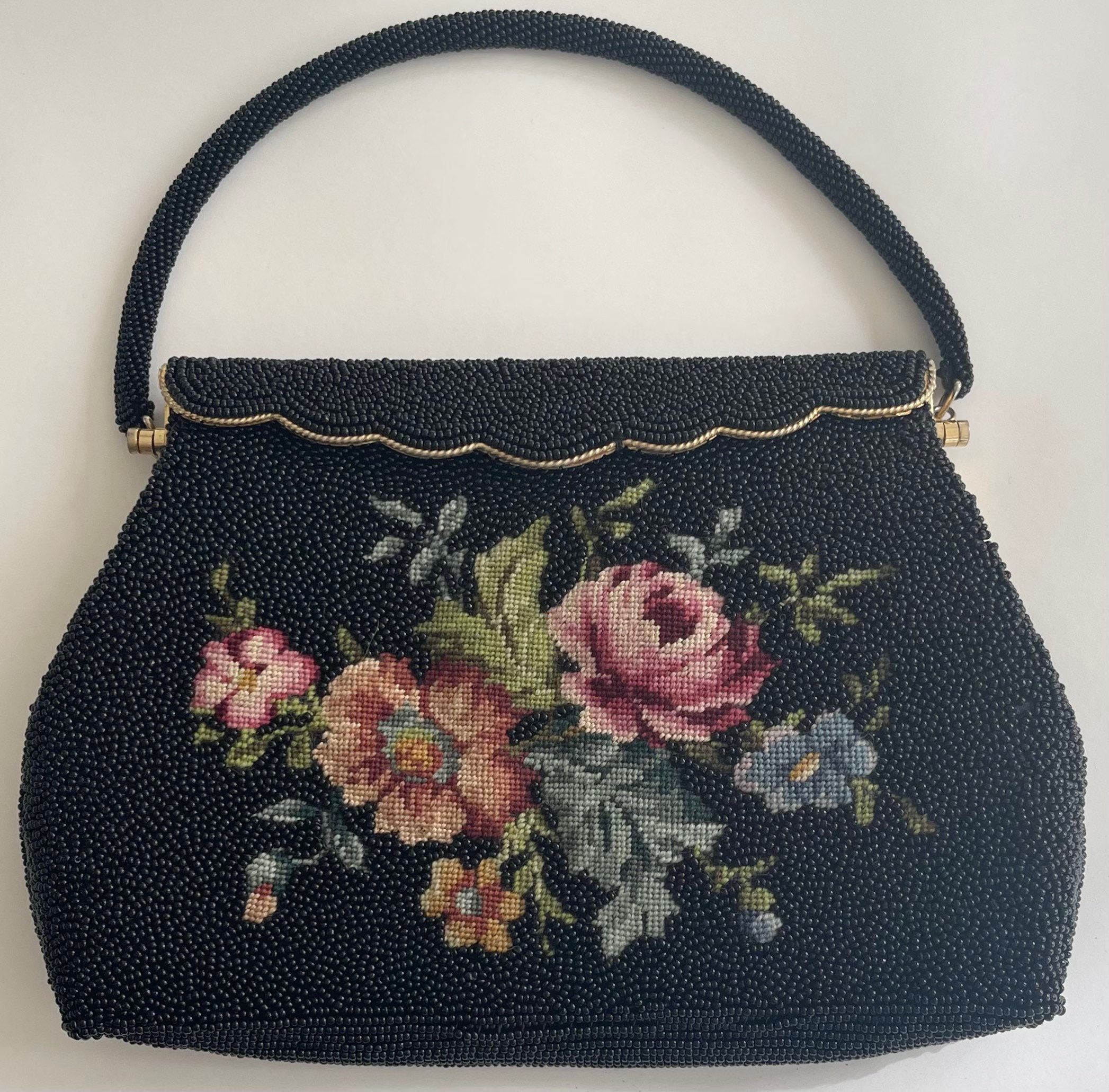 Antique Black Beaded and Needlepoint Evening Purse, Vintage 1950s Beaded  Bag with Tapestry