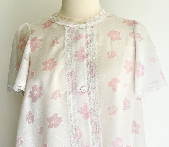 French White Dressing Gown House Dress Nightgown Vintage Nicole Bernard Paris Semi Sheer White Cotton Blend Pink Floral Print Lace Trim XS