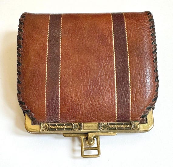 Antique Jemco Leather Bag Art Nouveau Art Deco 1910's 20's Pouch Coin Purse Belt Bag Wristlet Signed Cooke Steerhead Logo Floral Brass Frame