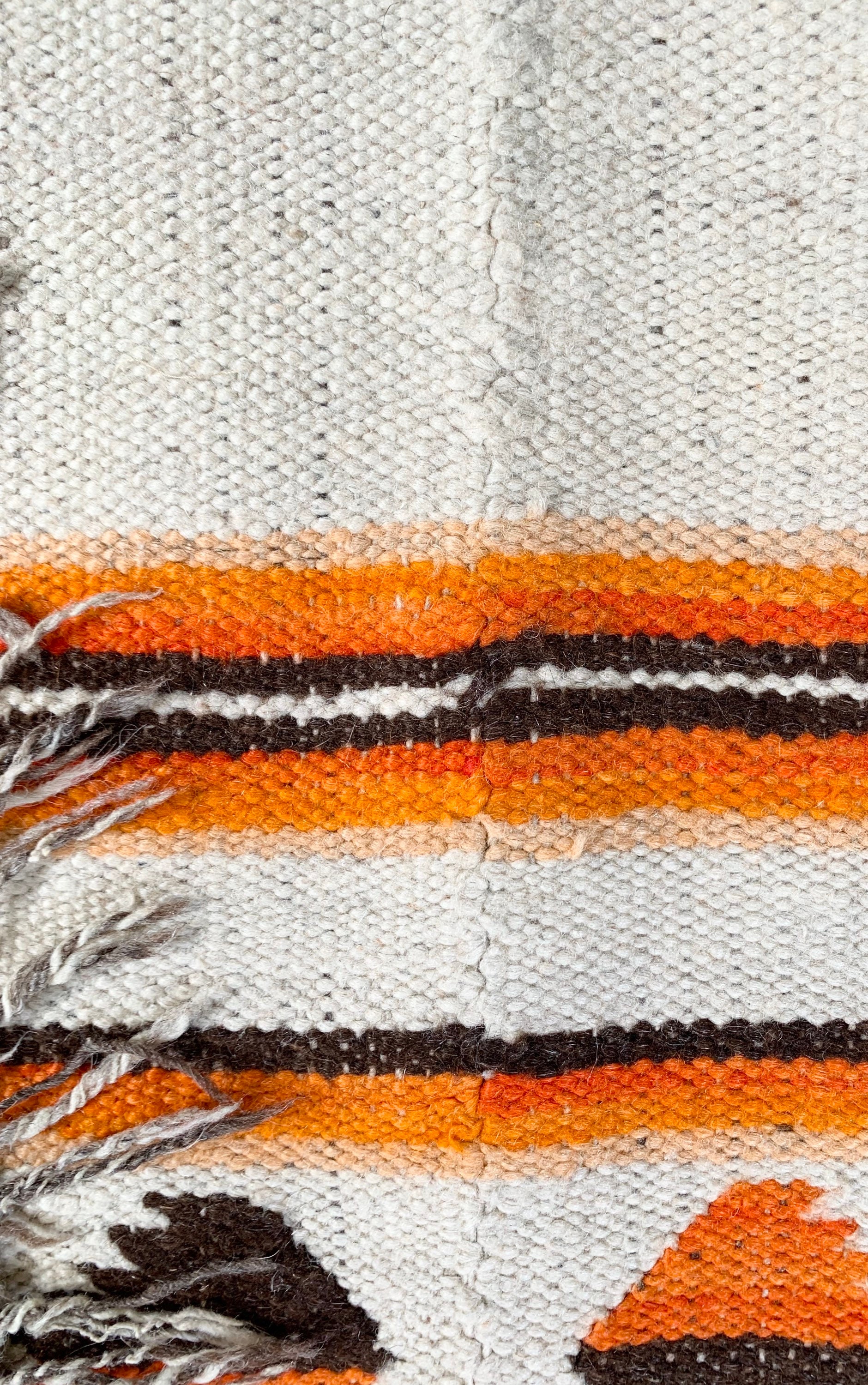 Antique Southwest Blanket Throw Rug Vintage 40s Hand Woven Natural White Wool with Fringe