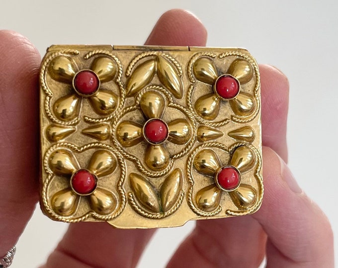 Ornate Italian Pillbox Vintage Tiny Snuff Secret Box Decorative Floral Scroll Embossed Natural Polished Red Coral Stones Made in Italy