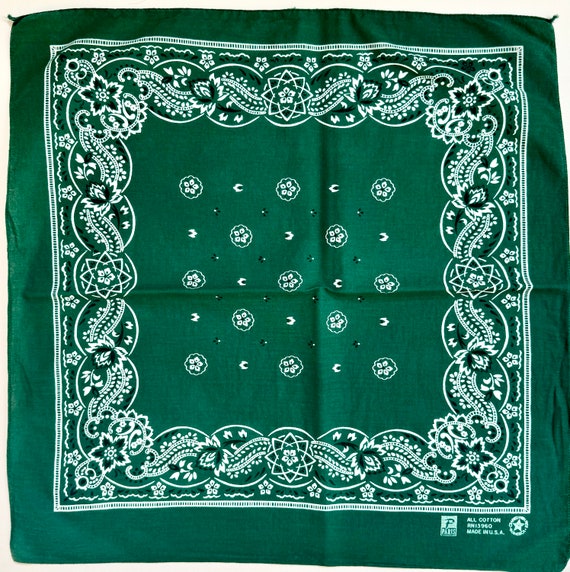 Dark Hunter Green Bandana Vintage 80s Paris Accessories Made in USA All Cotton Floral Paisley Print